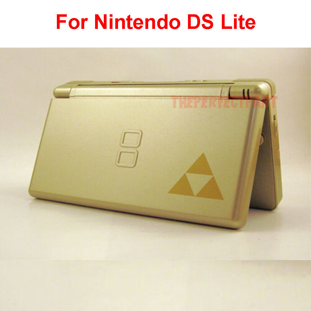 Replacement housing shell for Nintendo DS Lite in Gold Zelda Triforce design, showcasing a glass lens and high-quality finish.