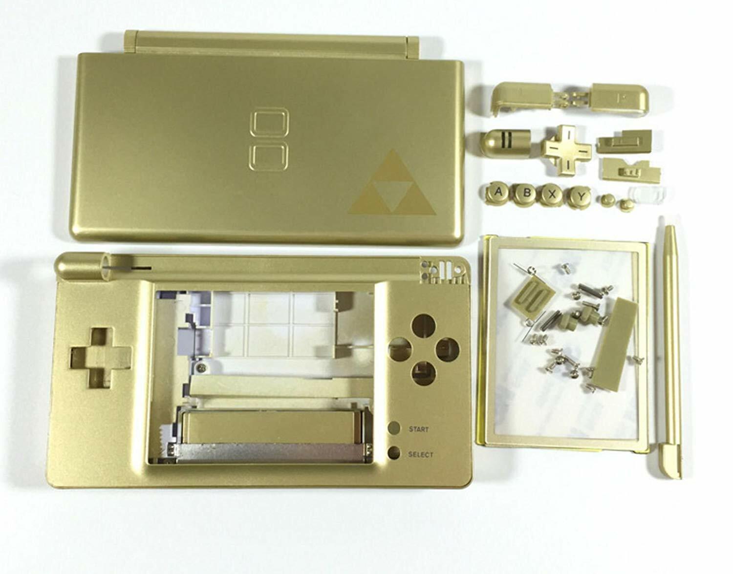 Replacement housing shell for Nintendo DS Lite in Gold Zelda Triforce design, showcasing a glass lens and high-quality finish.