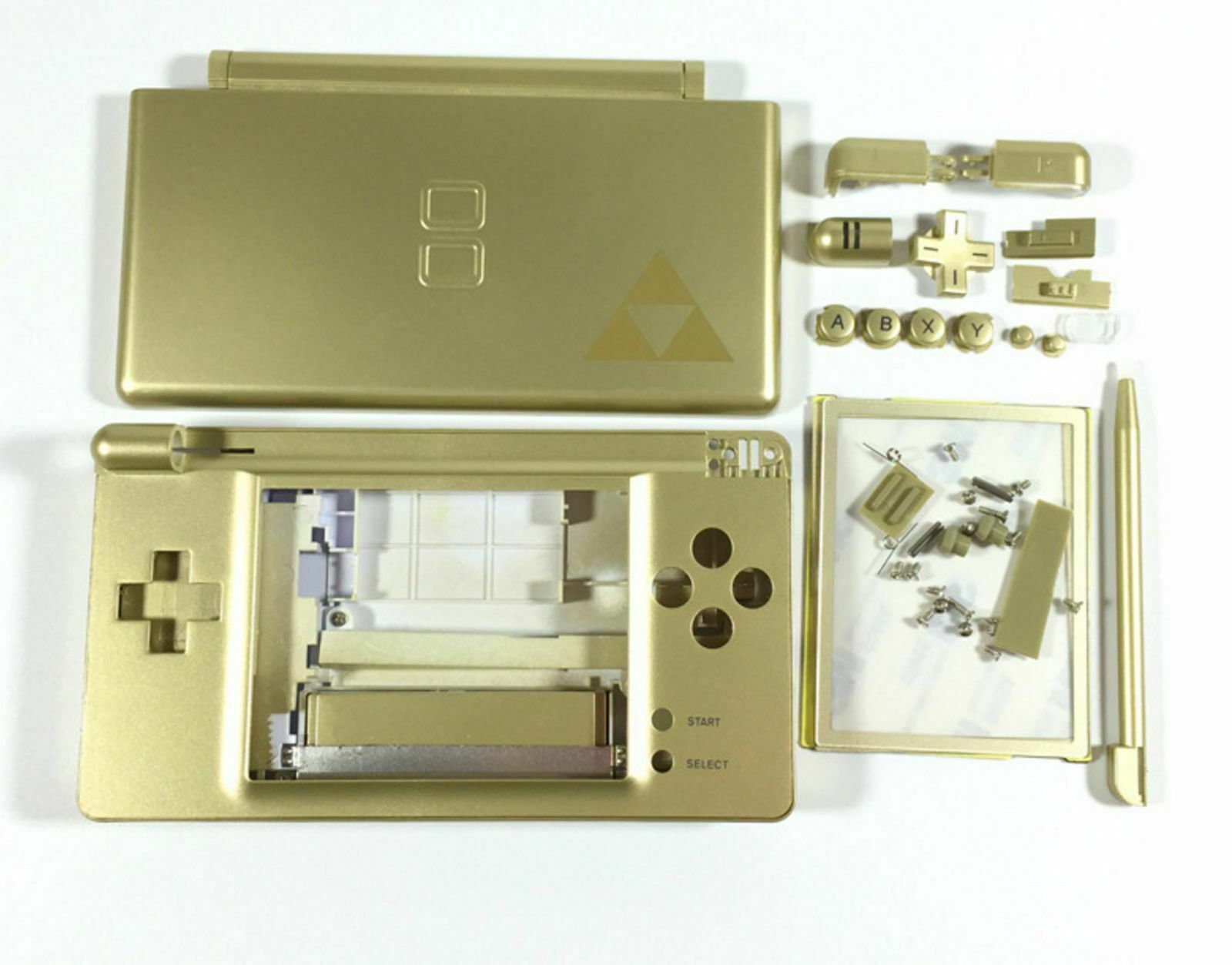 Replacement housing shell for Nintendo DS Lite in Gold Zelda Triforce design, showcasing a glass lens and high-quality finish.