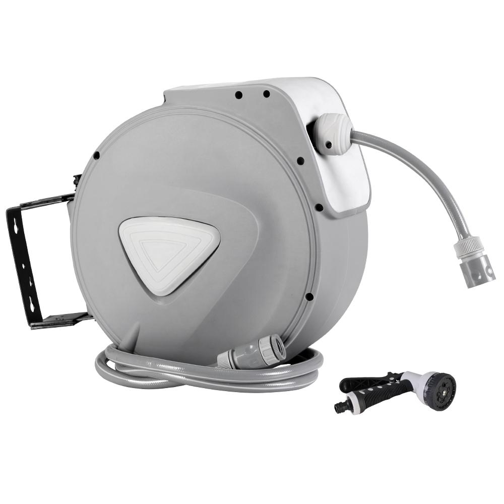Retractable Hose Reel 30M with spray gun, showcasing a sleek grey design and wall-mounted feature for easy garden watering.