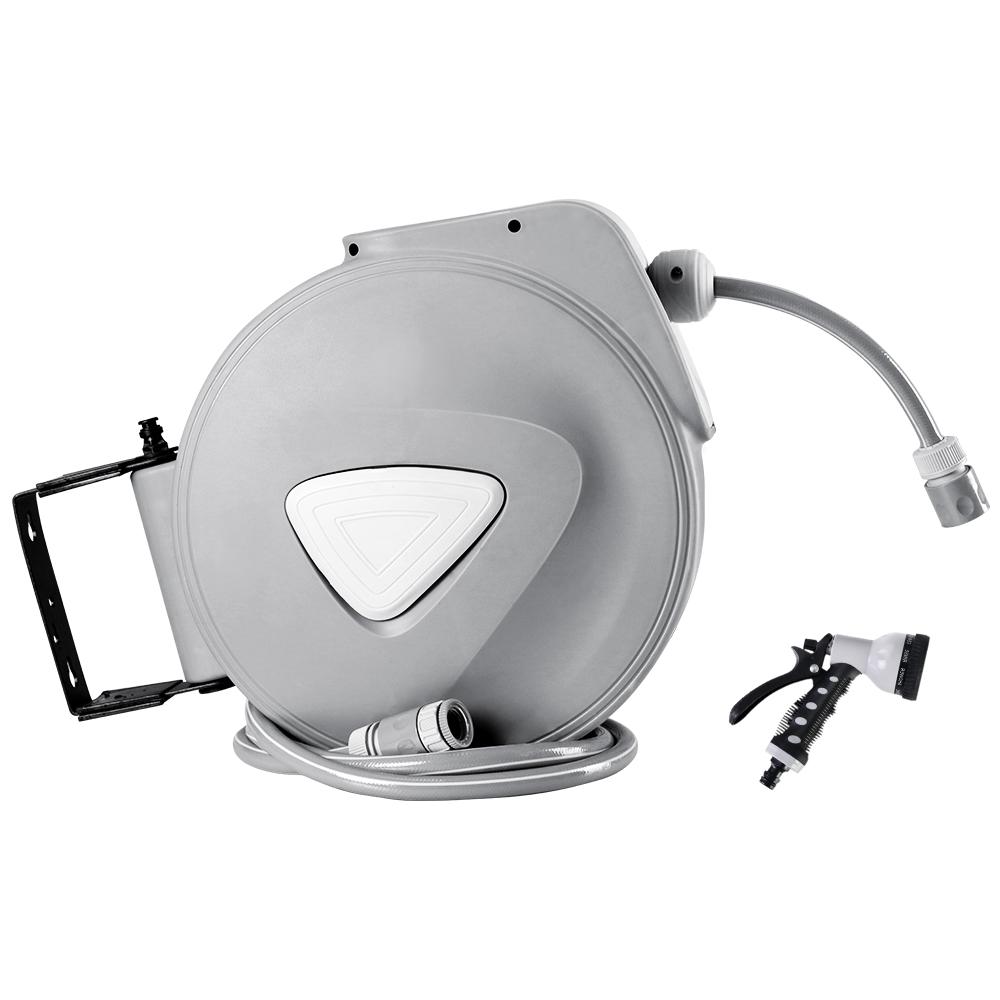 Retractable Hose Reel 30M with spray gun, showcasing a sleek grey design and wall-mounted feature for easy garden watering.