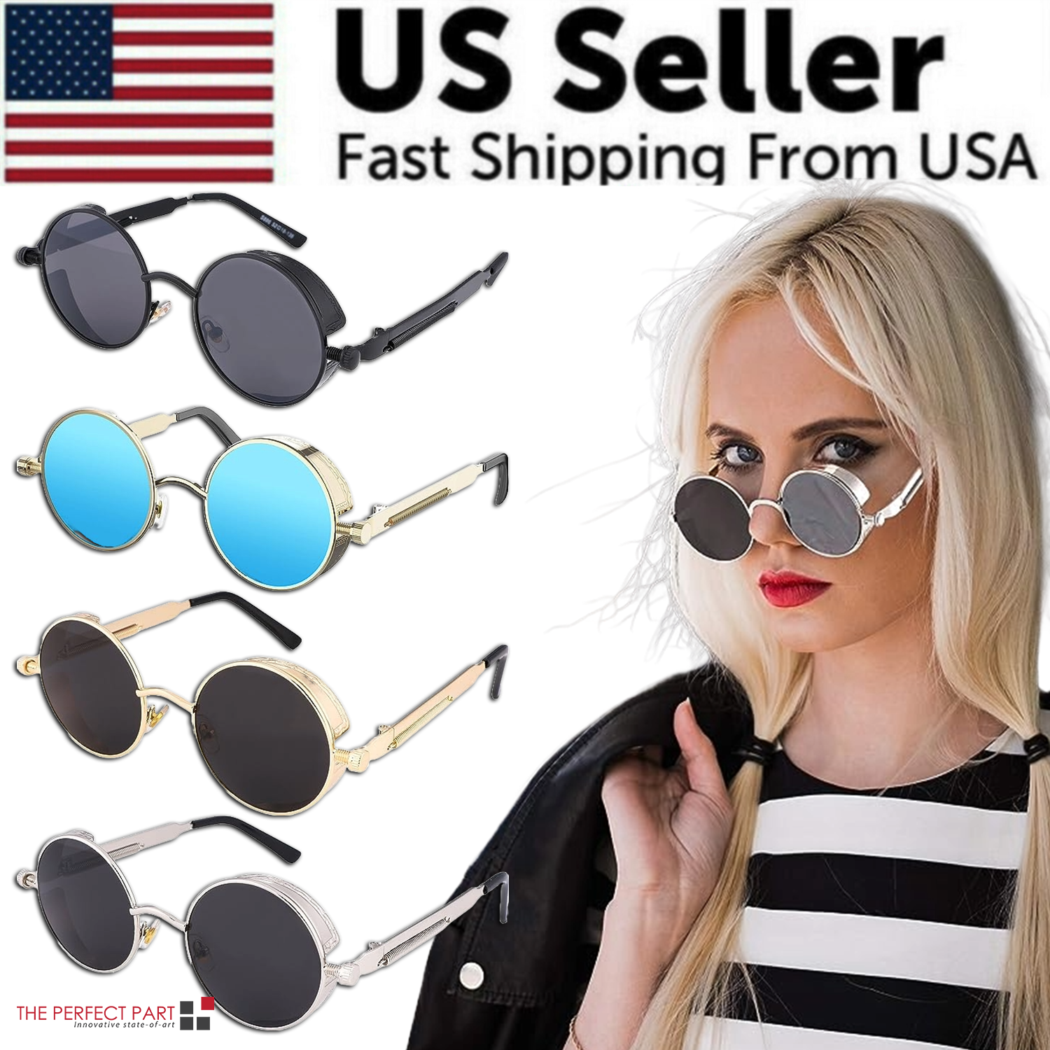 A pair of retro round polarized sunglasses featuring a vintage gothic steampunk design, suitable for both men and women.