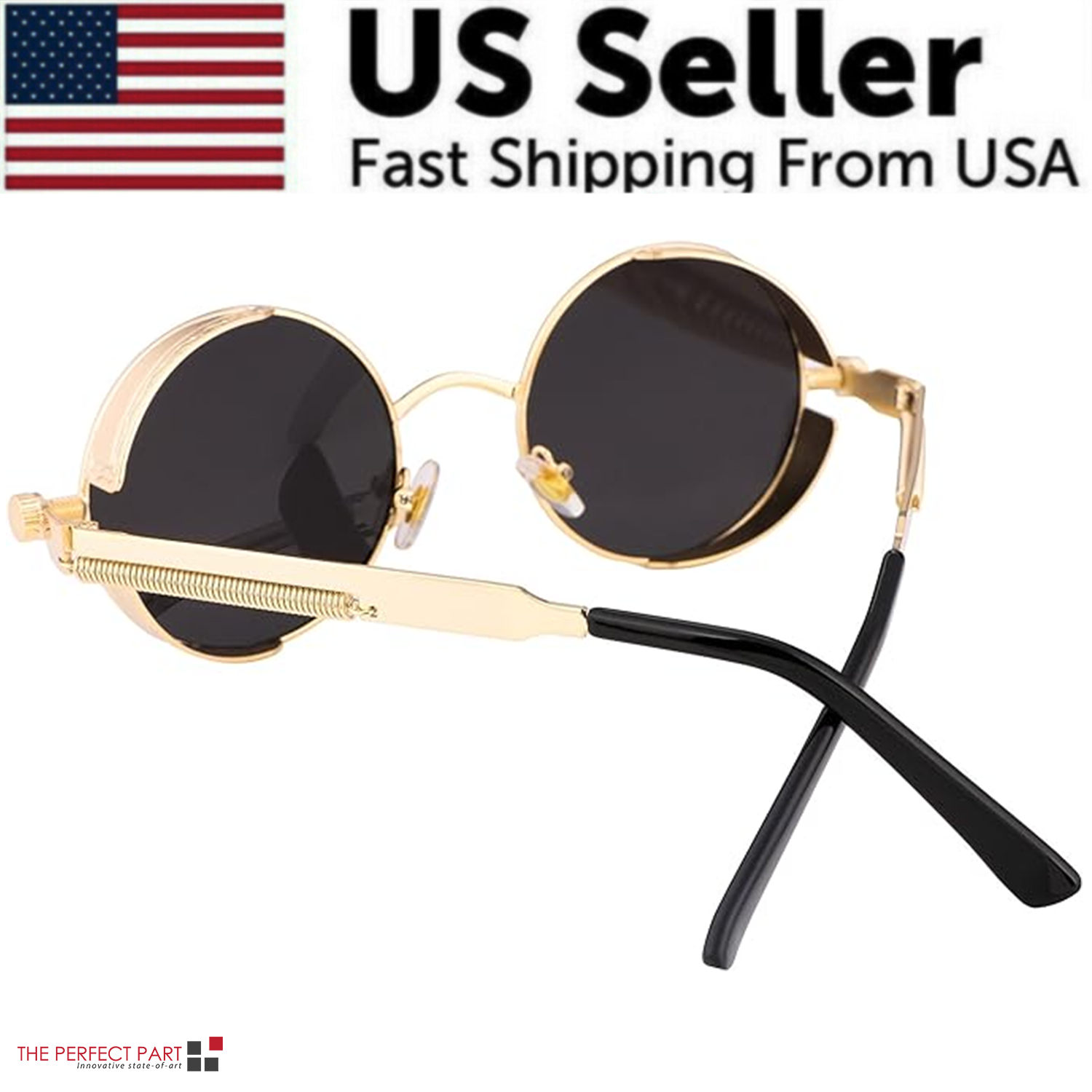 A pair of retro round polarized sunglasses featuring a vintage gothic steampunk design, suitable for both men and women.