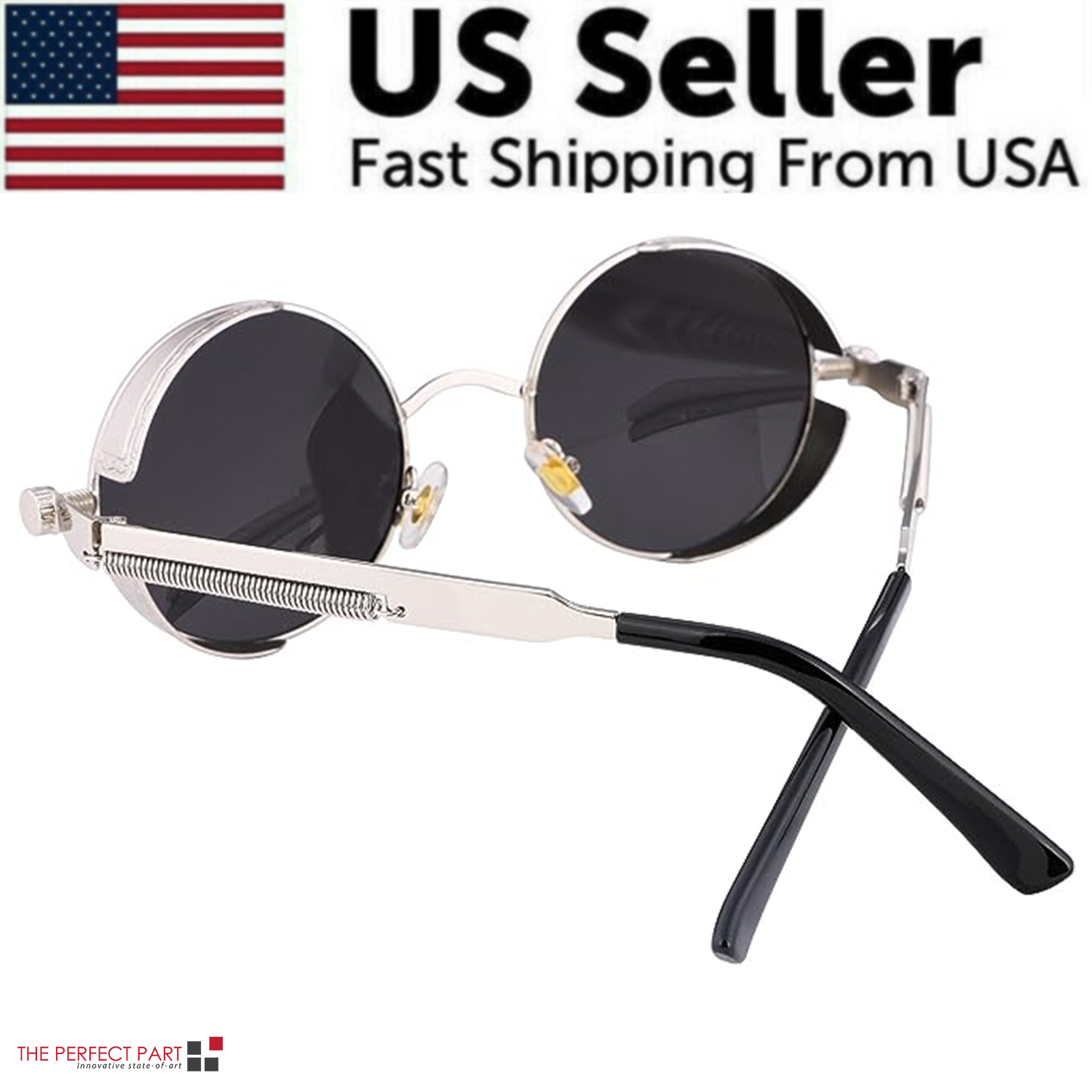 A pair of retro round polarized sunglasses featuring a vintage gothic steampunk design, suitable for both men and women.