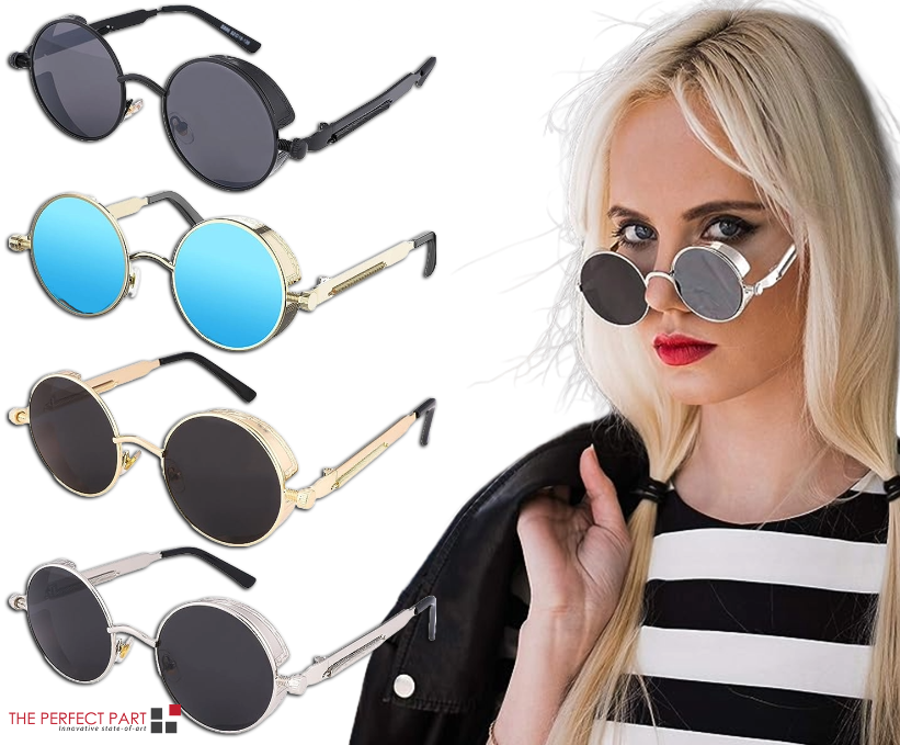 A pair of retro round polarized sunglasses featuring a vintage gothic steampunk design, suitable for both men and women.