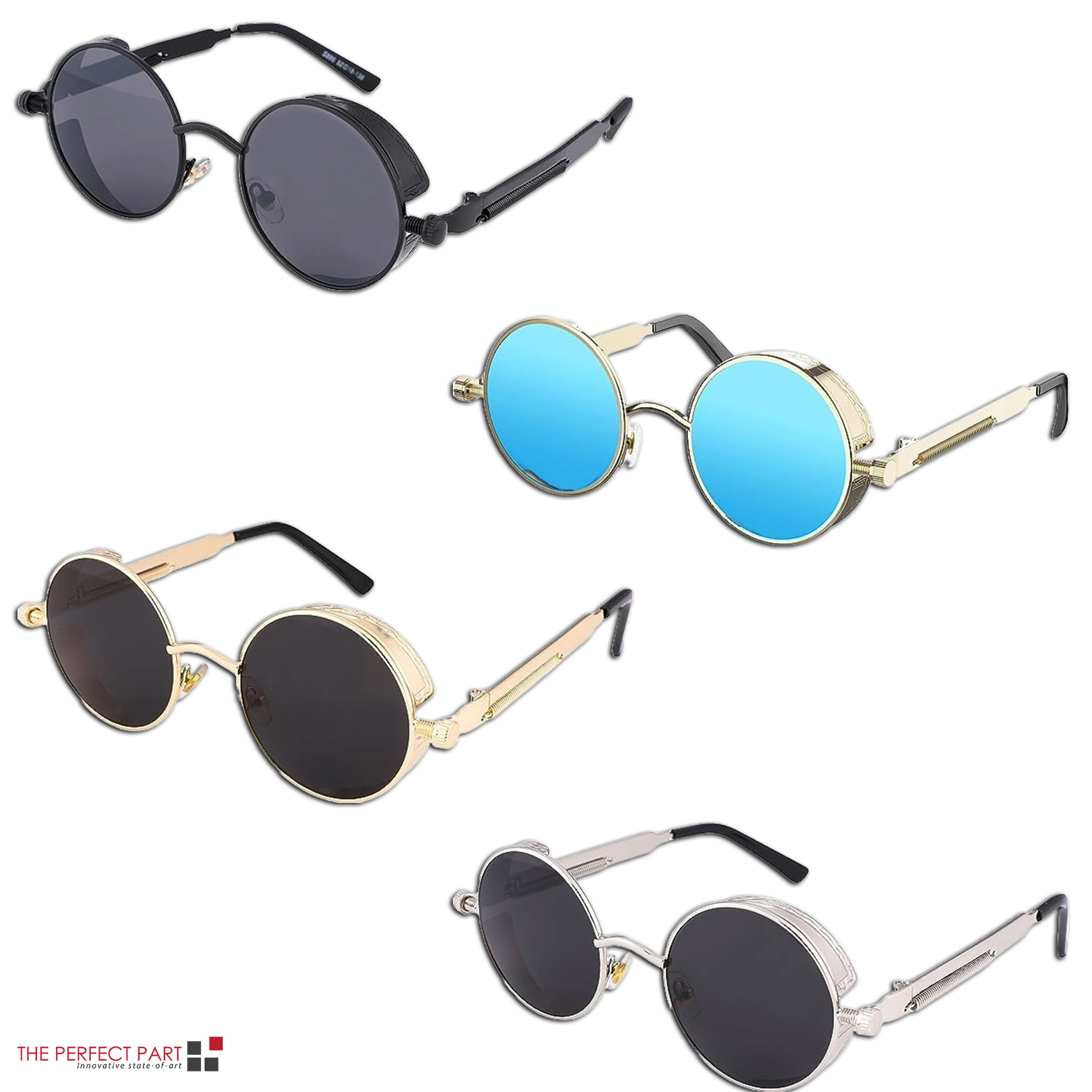 A pair of retro round polarized sunglasses featuring a vintage gothic steampunk design, suitable for both men and women.