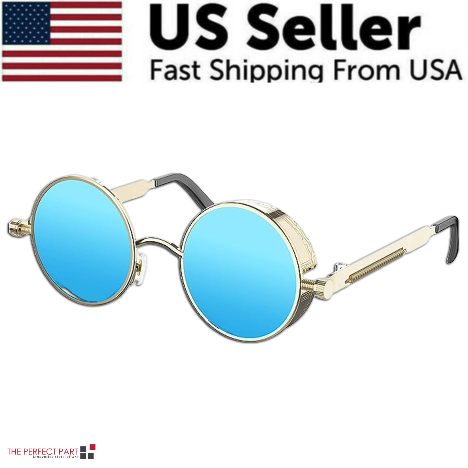 A pair of retro round polarized sunglasses featuring a vintage gothic steampunk design, suitable for both men and women.