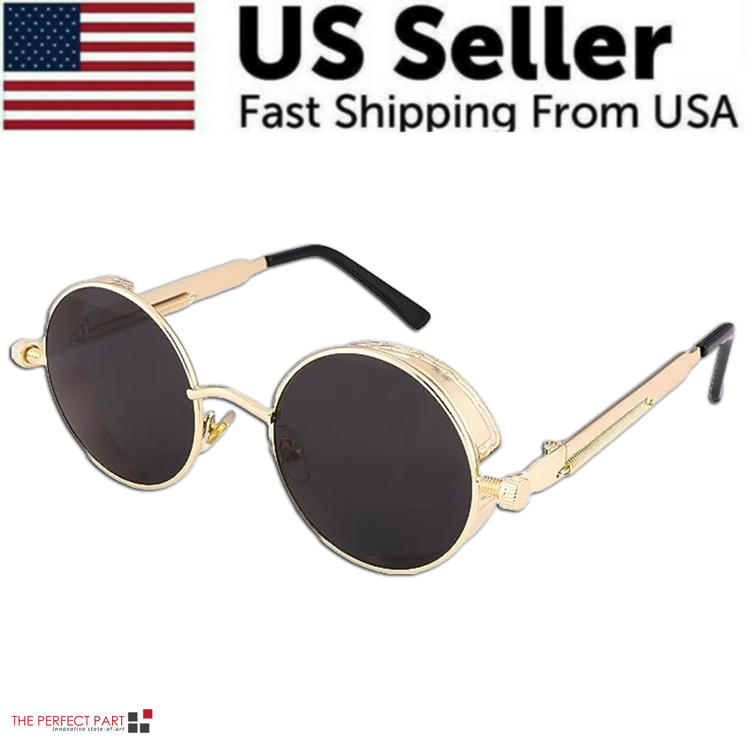 A pair of retro round polarized sunglasses featuring a vintage gothic steampunk design, suitable for both men and women.
