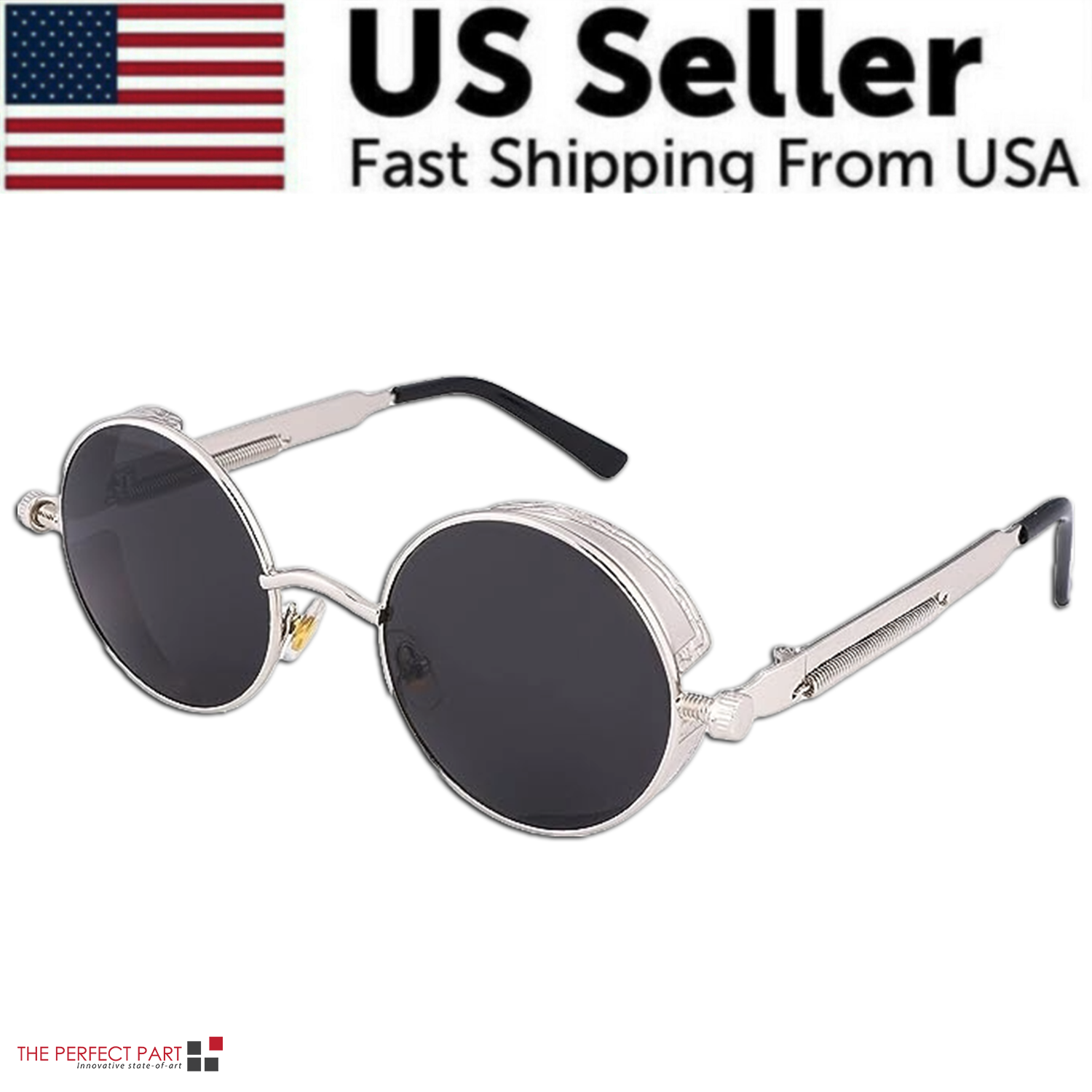 A pair of retro round polarized sunglasses featuring a vintage gothic steampunk design, suitable for both men and women.