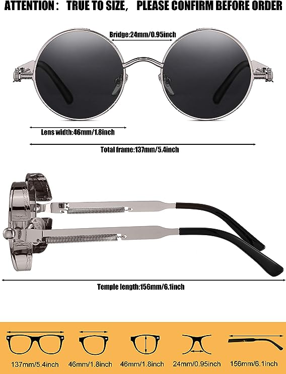 A pair of retro round polarized sunglasses featuring a vintage gothic steampunk design, suitable for both men and women.