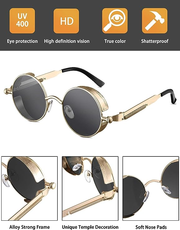 A pair of retro round polarized sunglasses featuring a vintage gothic steampunk design, suitable for both men and women.
