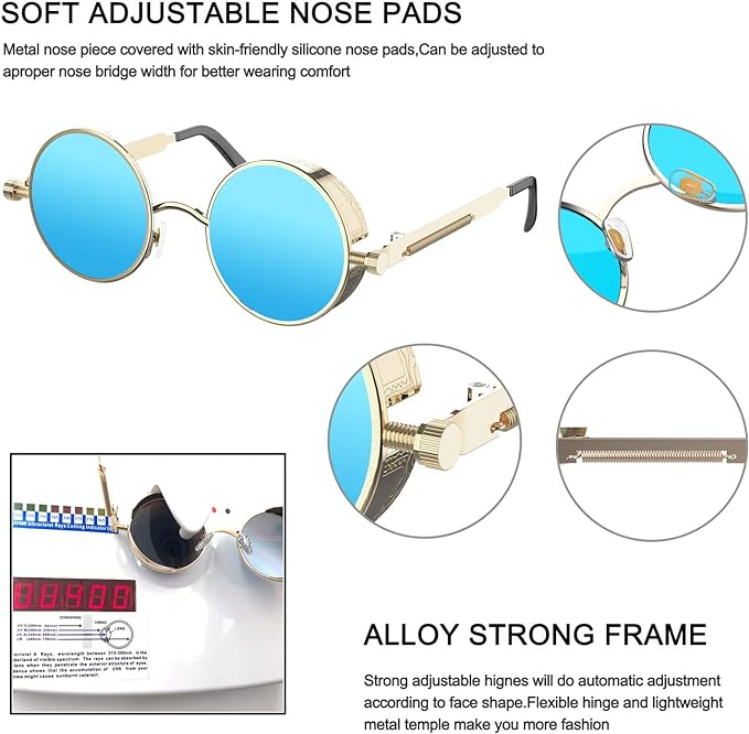 A pair of retro round polarized sunglasses featuring a vintage gothic steampunk design, suitable for both men and women.