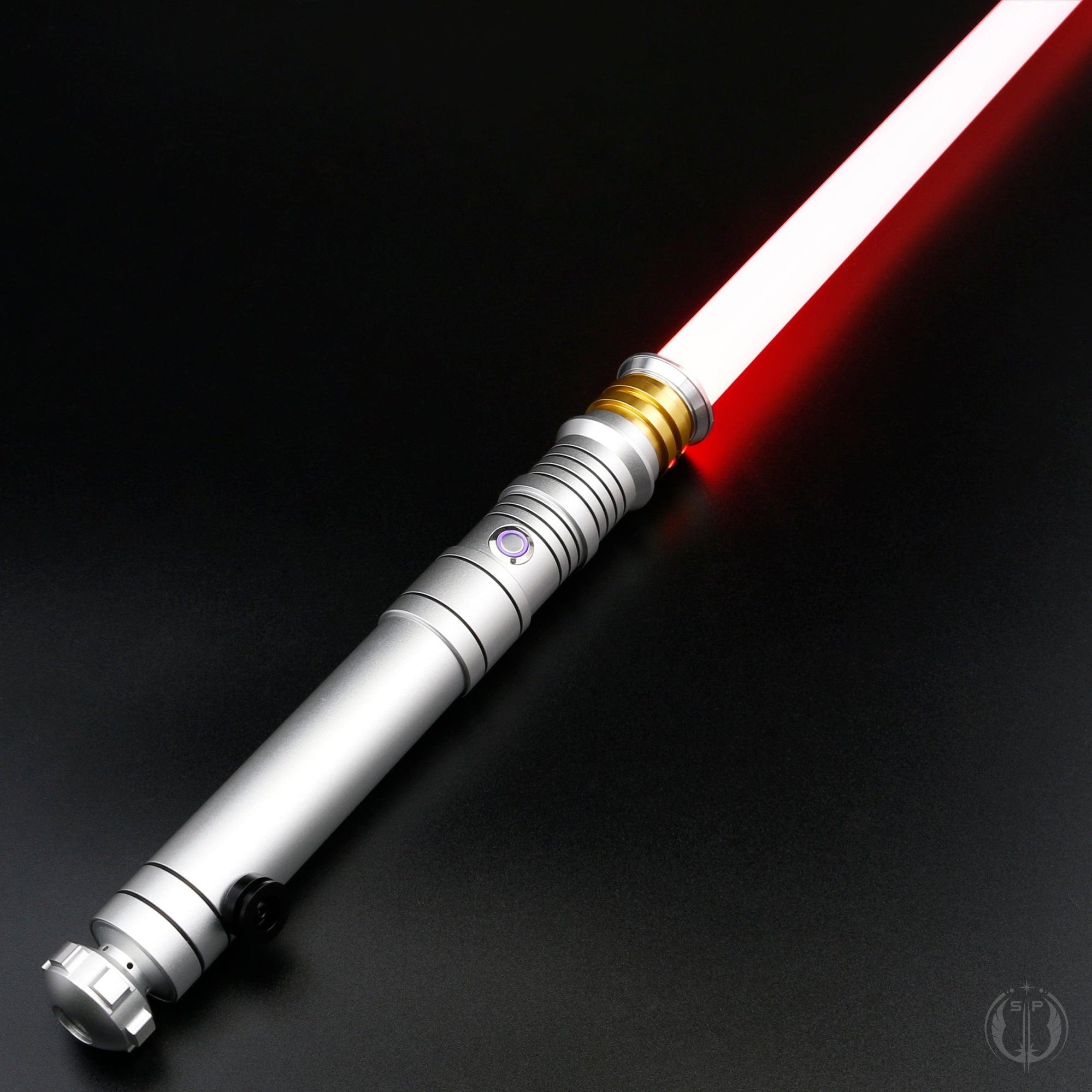 A detailed image of the Revan saber showcasing its dual-quality blade, customizable lighting, and motion-based sound effects.