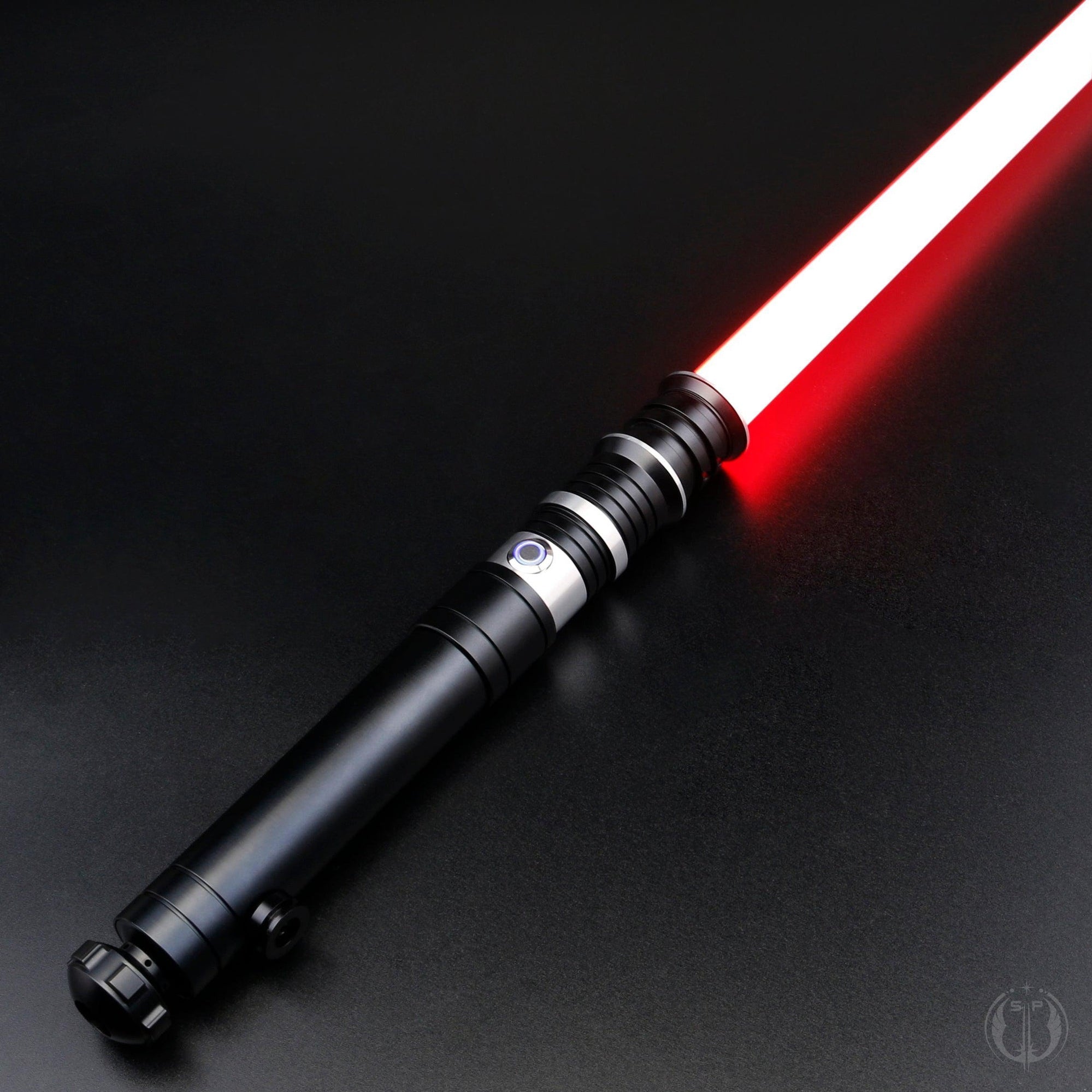 A detailed image of the Revan saber showcasing its dual-quality blade, customizable lighting, and motion-based sound effects.