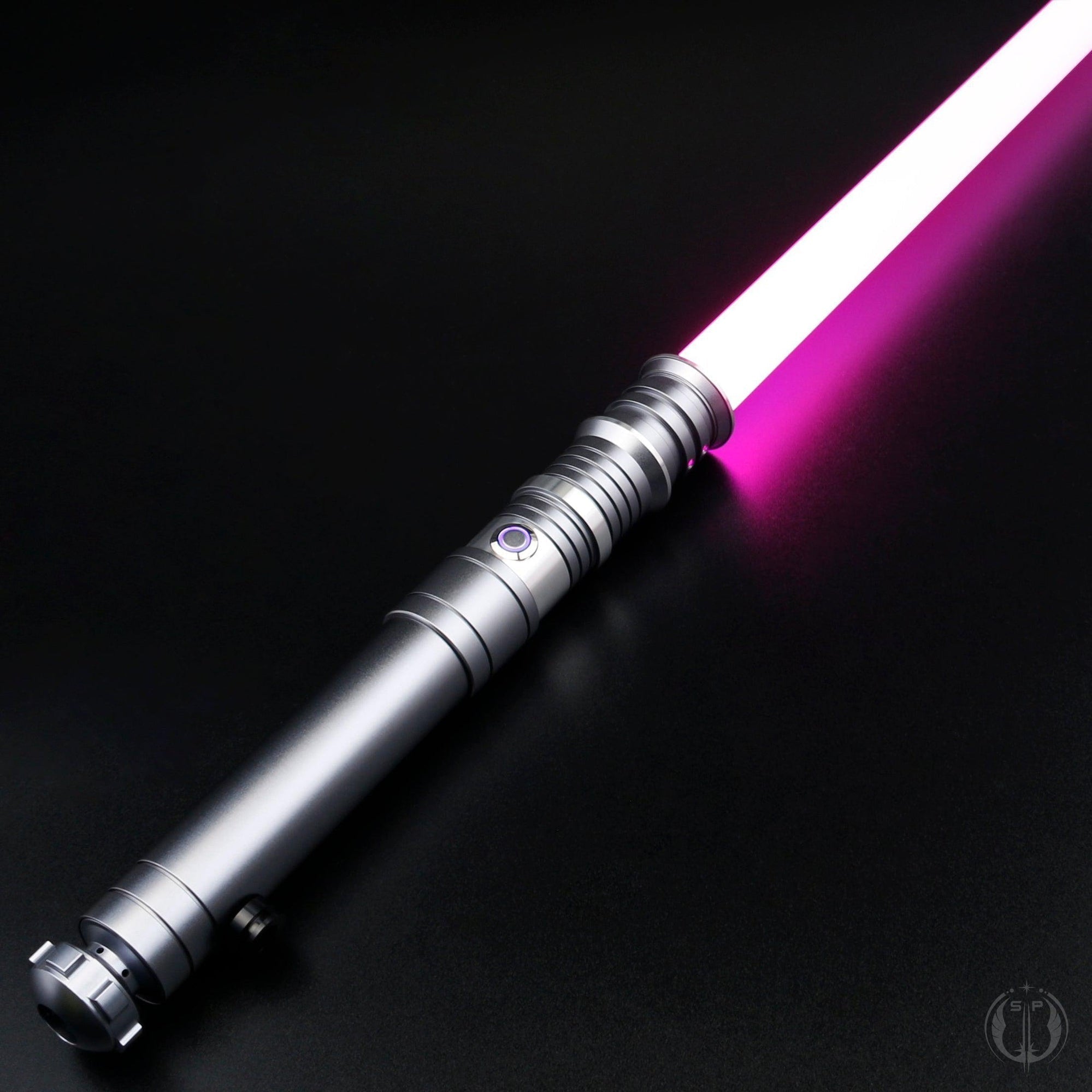 A detailed image of the Revan saber showcasing its dual-quality blade, customizable lighting, and motion-based sound effects.
