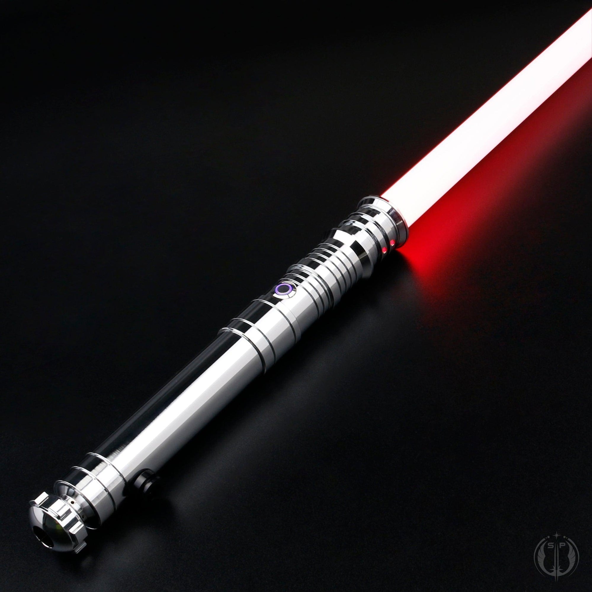 A detailed image of the Revan saber showcasing its dual-quality blade, customizable lighting, and motion-based sound effects.