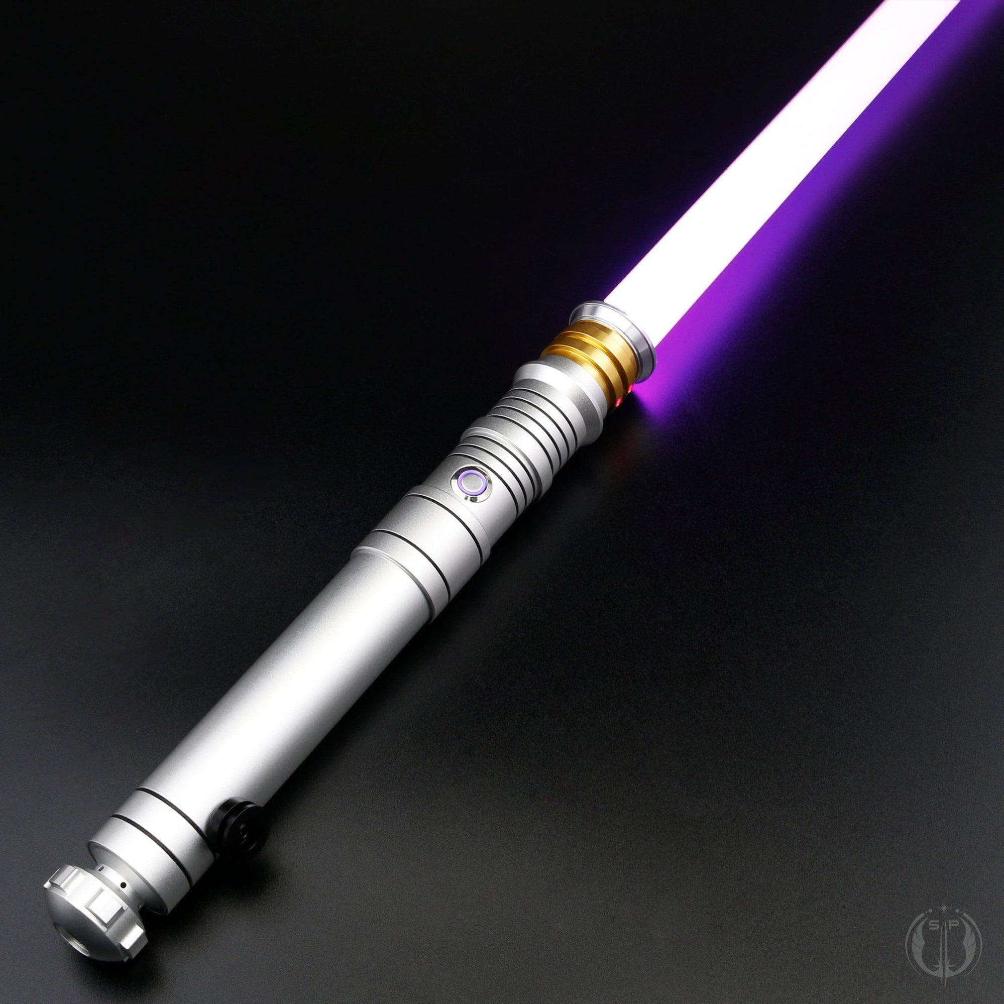 A detailed image of the Revan saber showcasing its dual-quality blade, customizable lighting, and motion-based sound effects.