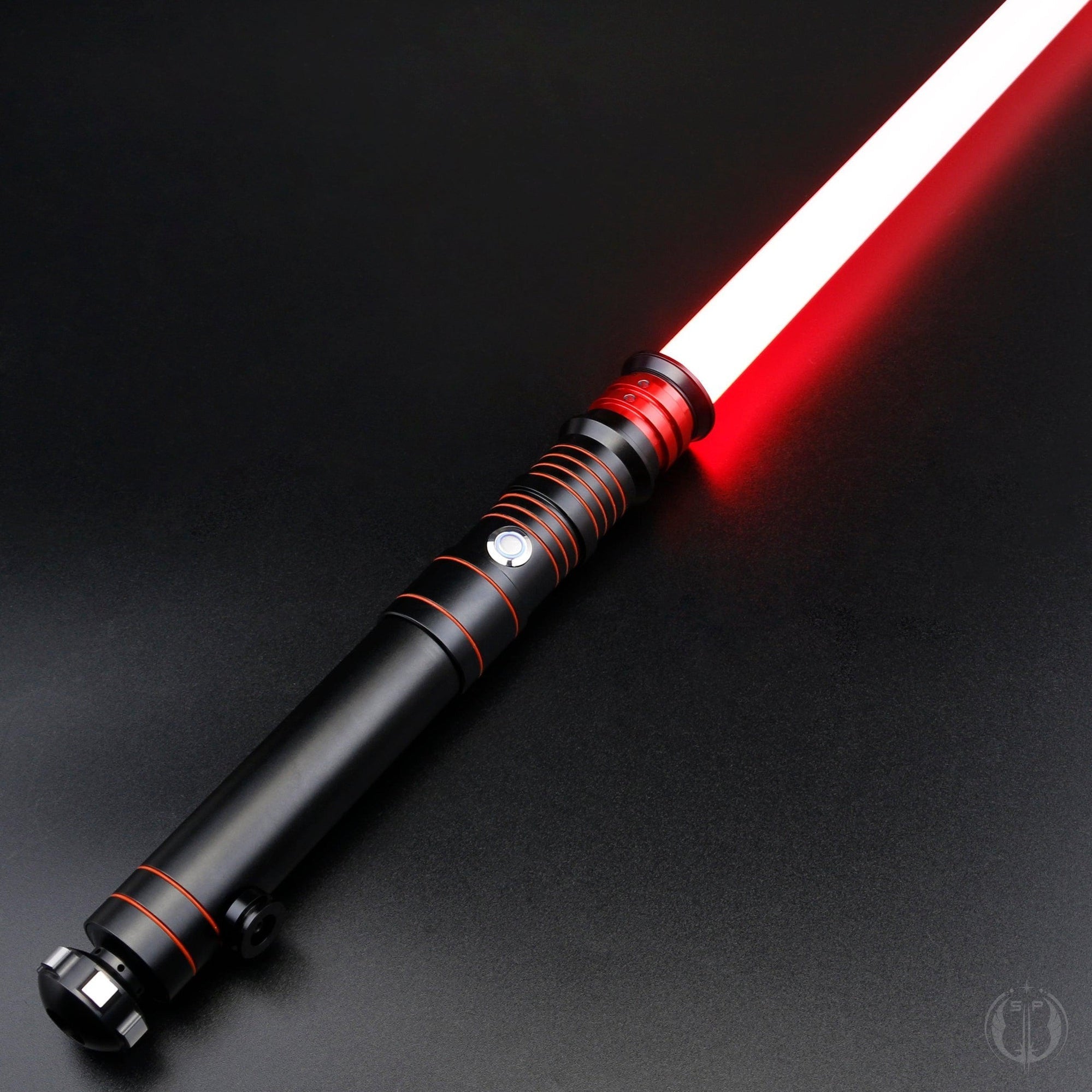 A detailed image of the Revan saber showcasing its dual-quality blade, customizable lighting, and motion-based sound effects.