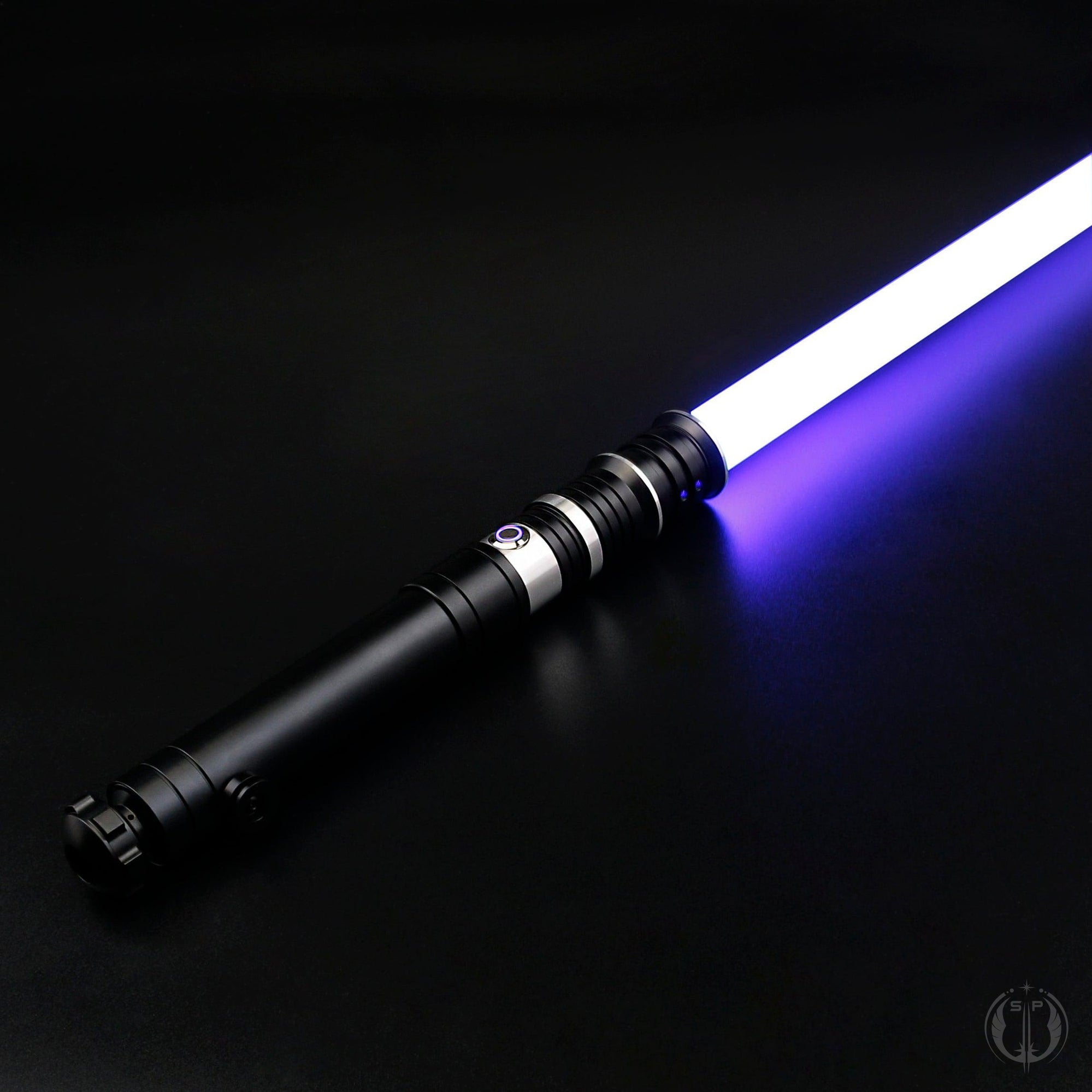 A detailed image of the Revan saber showcasing its dual-quality blade, customizable lighting, and motion-based sound effects.