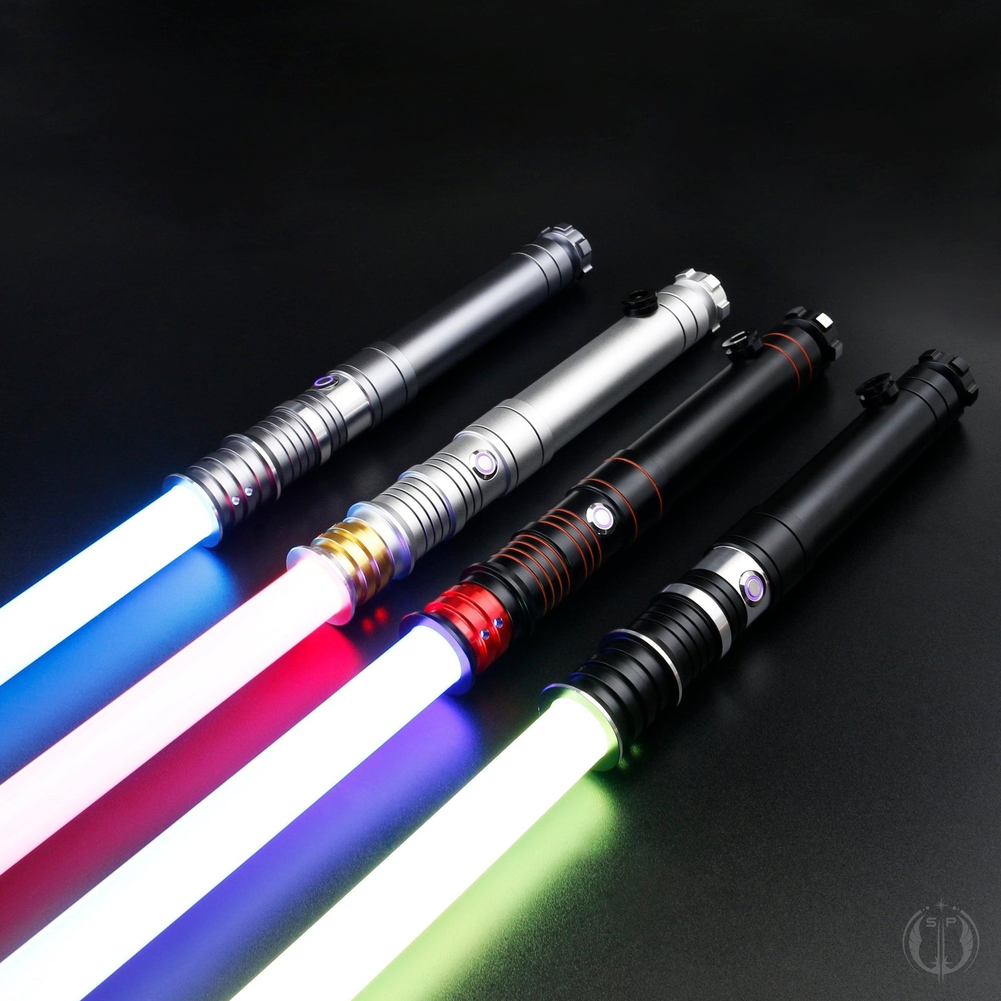 A detailed image of the Revan saber showcasing its dual-quality blade, customizable lighting, and motion-based sound effects.