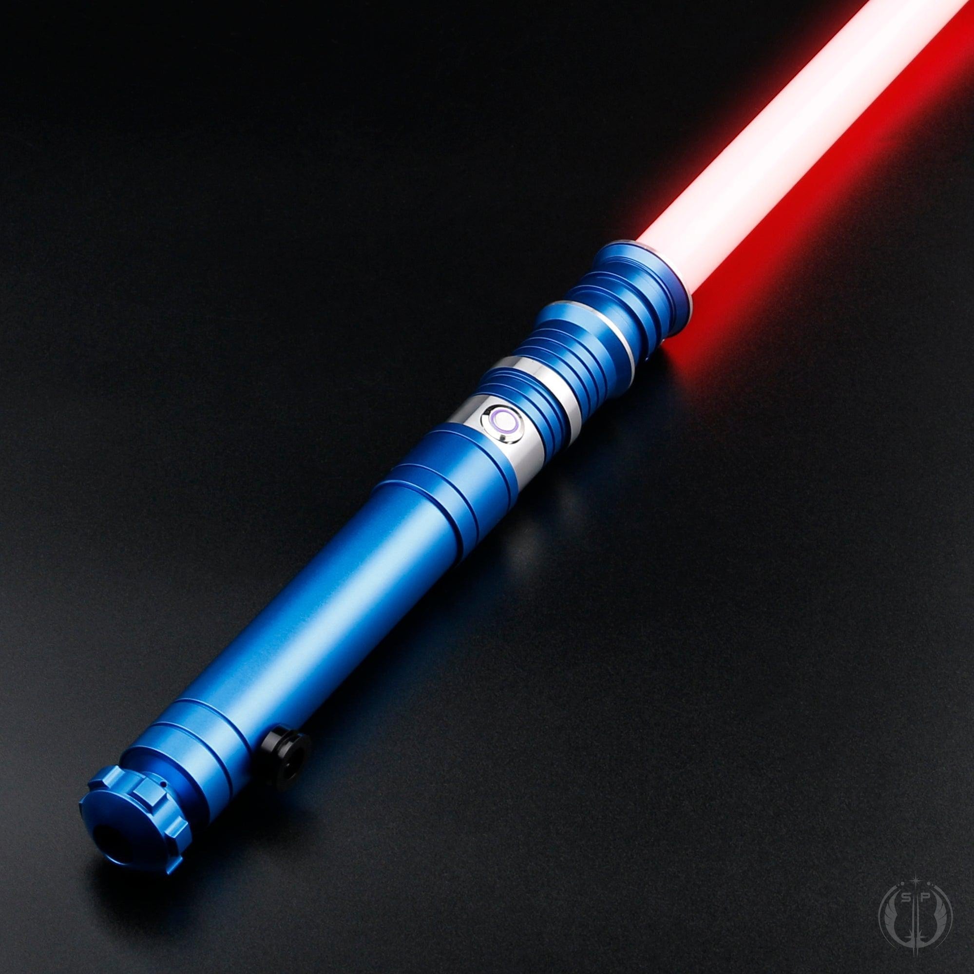 A detailed image of the Revan saber showcasing its dual-quality blade, customizable lighting, and motion-based sound effects.