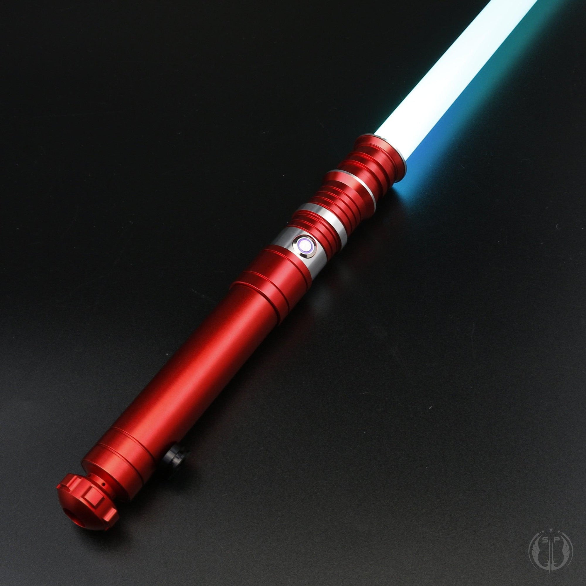 A detailed image of the Revan saber showcasing its dual-quality blade, customizable lighting, and motion-based sound effects.