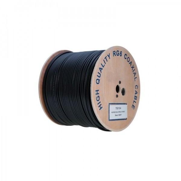 RG6 Quad Shield 305M coaxial cable with black jacket and metre markings, designed for outdoor installations.