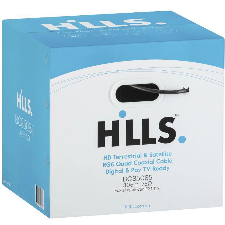 RG6 Quad-shield Coaxial Cable 305m roll, featuring a durable black jacket and internal reel for easy handling.