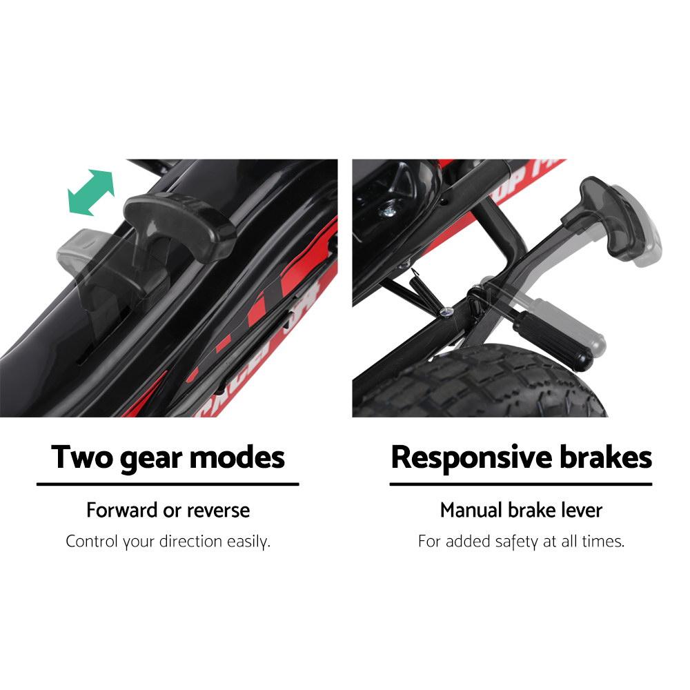 Rigo Kids Pedal Go Kart featuring a sturdy steel frame, adjustable seat, and large rubber tyres, designed for children aged 3 and above.