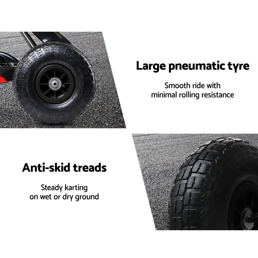 Rigo Kids Pedal Go Kart featuring a sturdy steel frame, adjustable seat, and large rubber tyres, designed for children aged 3 and above.