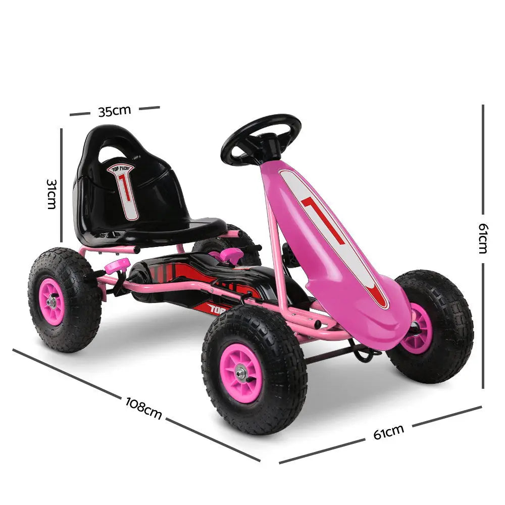 Rigo Kids Pedal Go Kart in vibrant pink color, featuring a sturdy steel frame, adjustable seat, and large rubber tyres for a smooth ride.