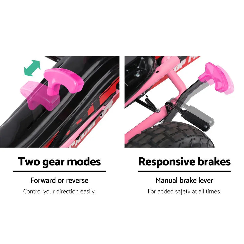 Rigo Kids Pedal Go Kart in vibrant pink color, featuring a sturdy steel frame, adjustable seat, and large rubber tyres for a smooth ride.