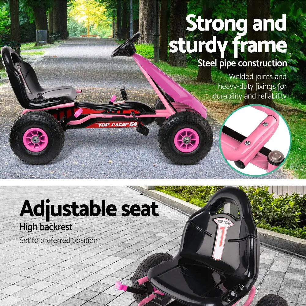 Rigo Kids Pedal Go Kart in vibrant pink color, featuring a sturdy steel frame, adjustable seat, and large rubber tyres for a smooth ride.