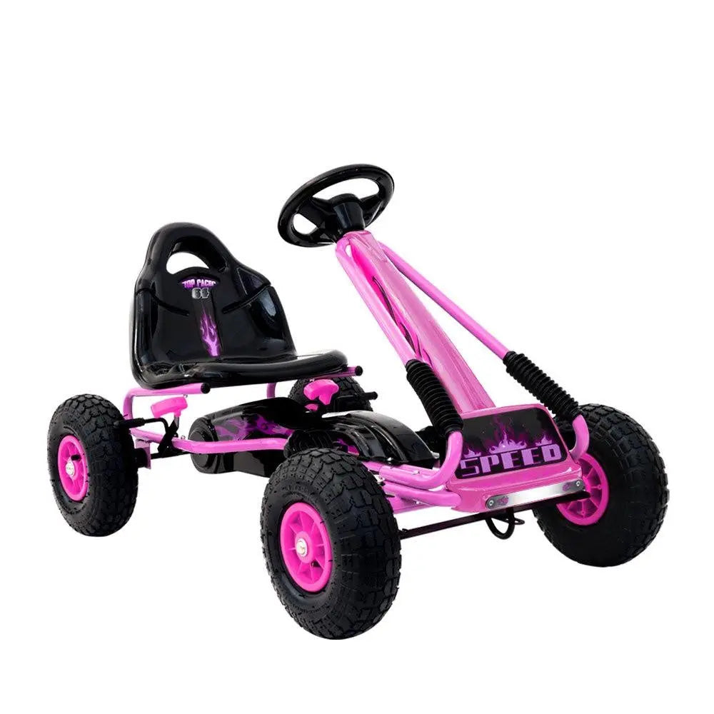 Rigo Kids Pedal Go Kart in pink color with rubber pneumatic tyres, designed for children aged 3 and above, showcasing its robust frame and adjustable seat.