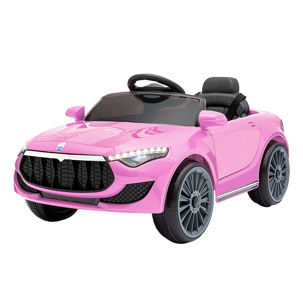 Rigo Kids Ride On Car in pink, featuring Maserati-inspired design, remote control, and sleek lacquer finish, perfect for children aged 3 and above.