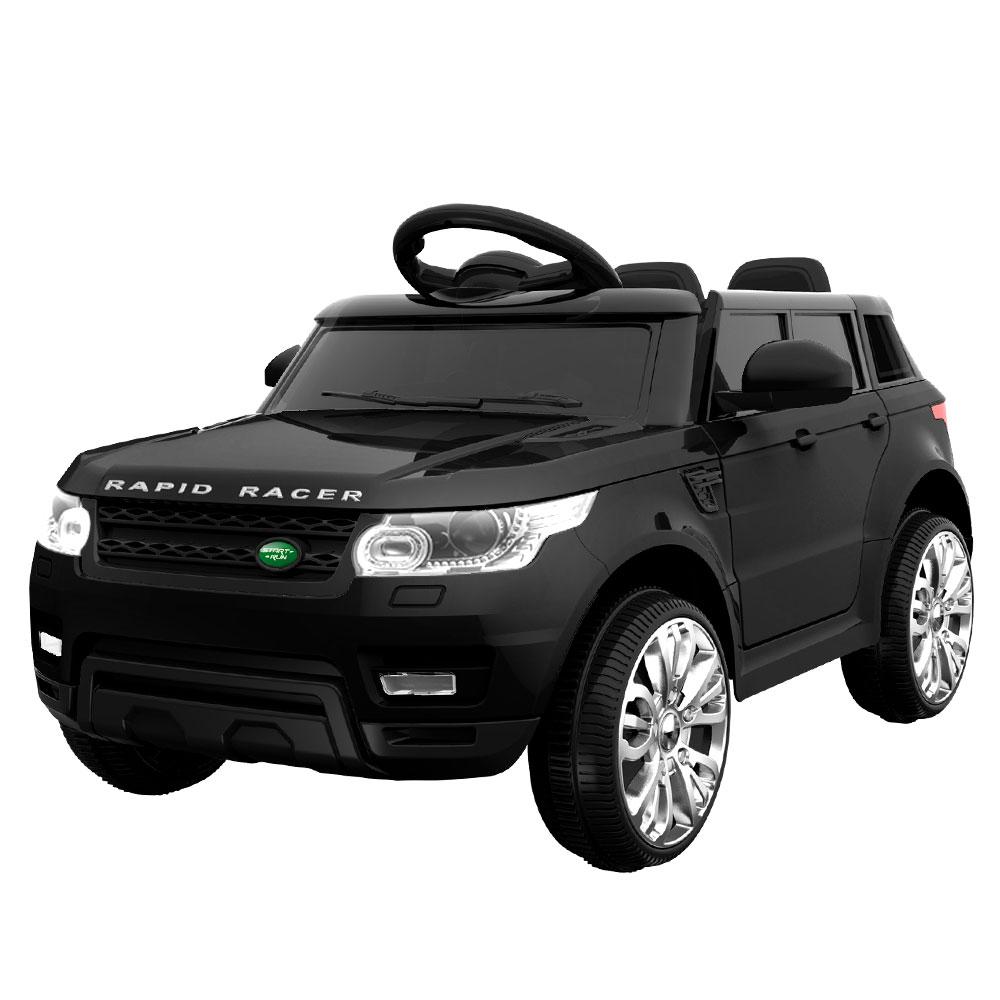 Rigo Kids Ride On Car Electric 12V in black with stylish design, working doors, and safety features, perfect for children aged 3-8.
