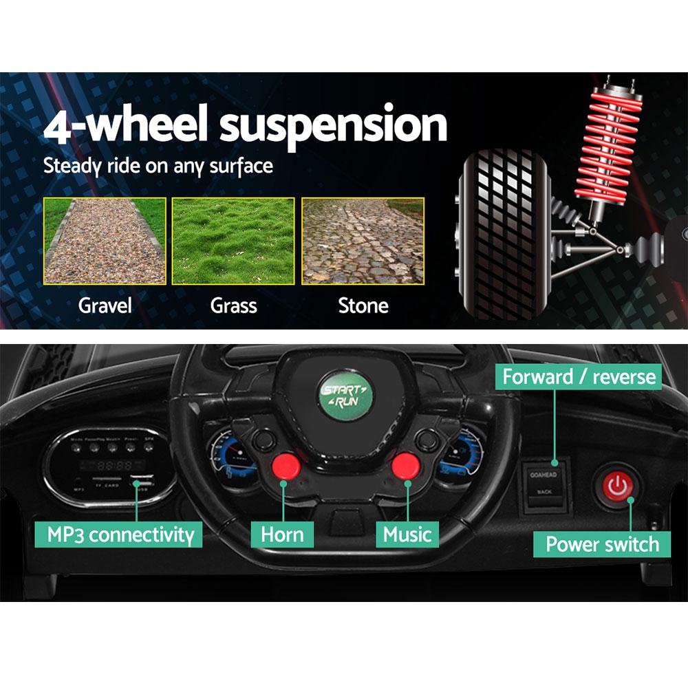 Rigo Kids Ride On Car Electric 12V in black with stylish design, working doors, and safety features, perfect for children aged 3-8.