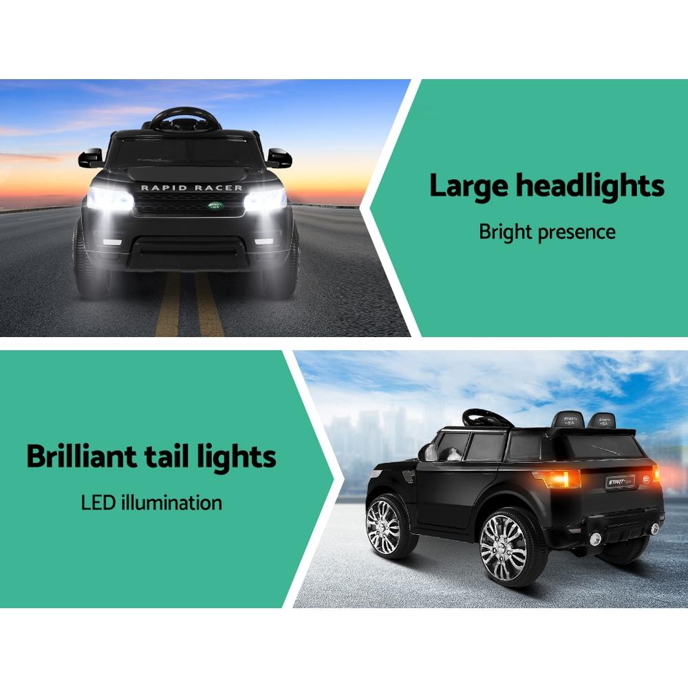 Rigo Kids Ride On Car Electric 12V in black with stylish design, working doors, and safety features, perfect for children aged 3-8.