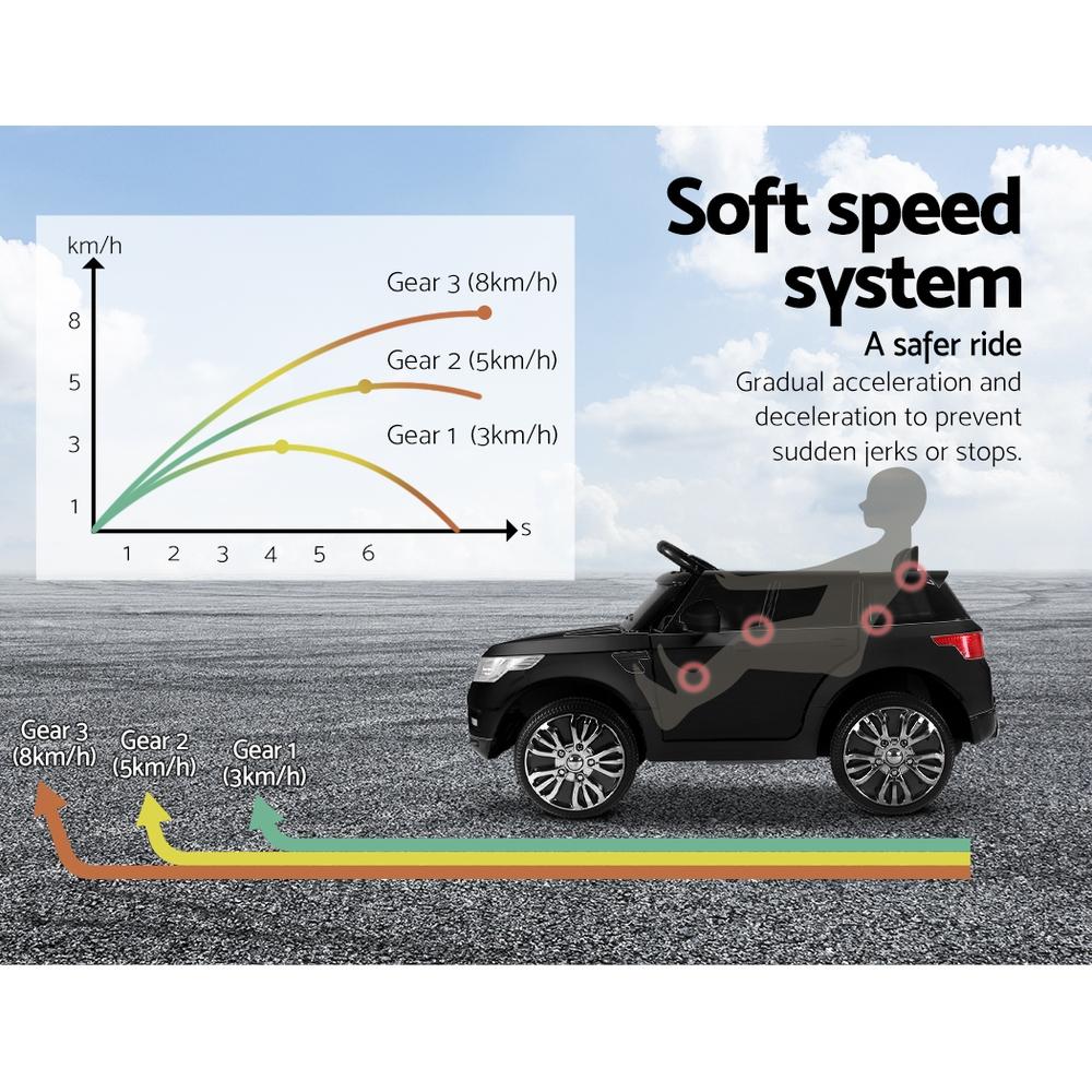 Rigo Kids Ride On Car Electric 12V in black with stylish design, working doors, and safety features, perfect for children aged 3-8.