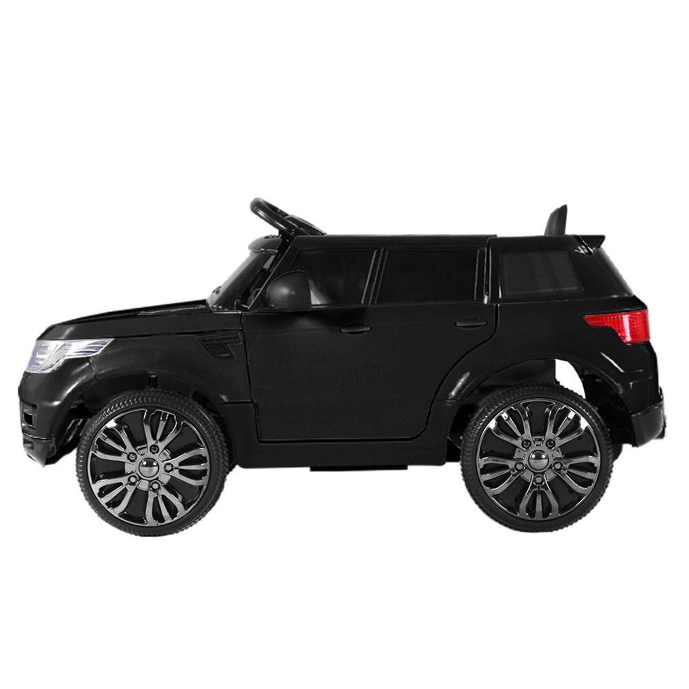 Rigo Kids Ride On Car Electric 12V in black with stylish design, working doors, and safety features, perfect for children aged 3-8.