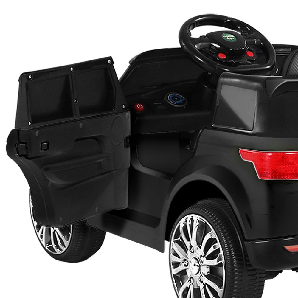 Rigo Kids Ride On Car Electric 12V in black with stylish design, working doors, and safety features, perfect for children aged 3-8.