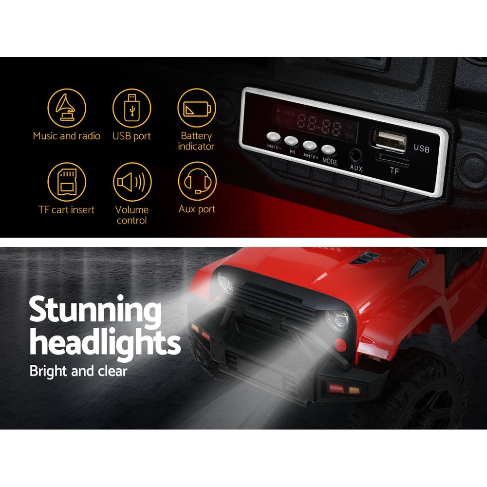 Rigo Kids Ride On Car Electric 12V Jeep in vibrant red color, featuring stylish design, working headlights, and remote control functionality.