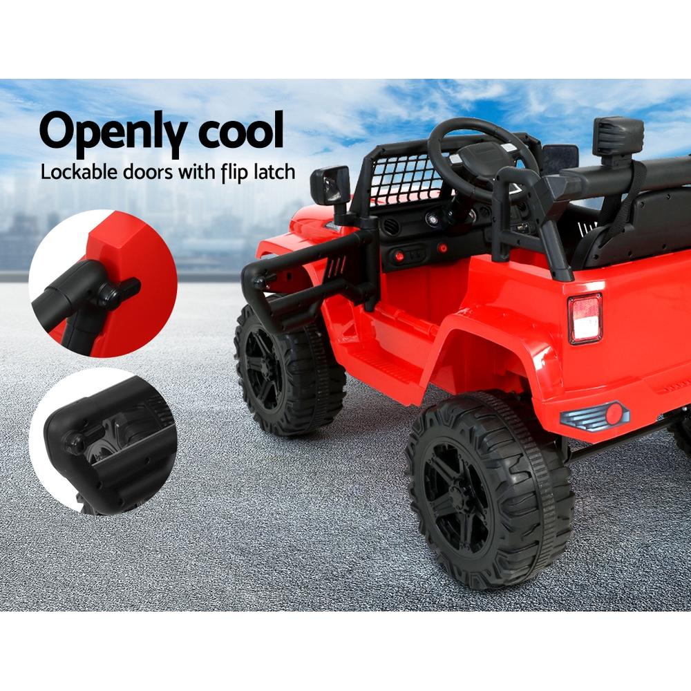 Rigo Kids Ride On Car Electric 12V Jeep in vibrant red color, featuring stylish design, working headlights, and remote control functionality.