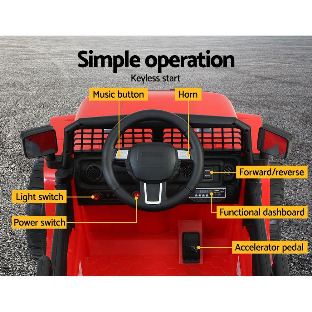 Rigo Kids Ride On Car Electric 12V Jeep in vibrant red color, featuring stylish design, working headlights, and remote control functionality.