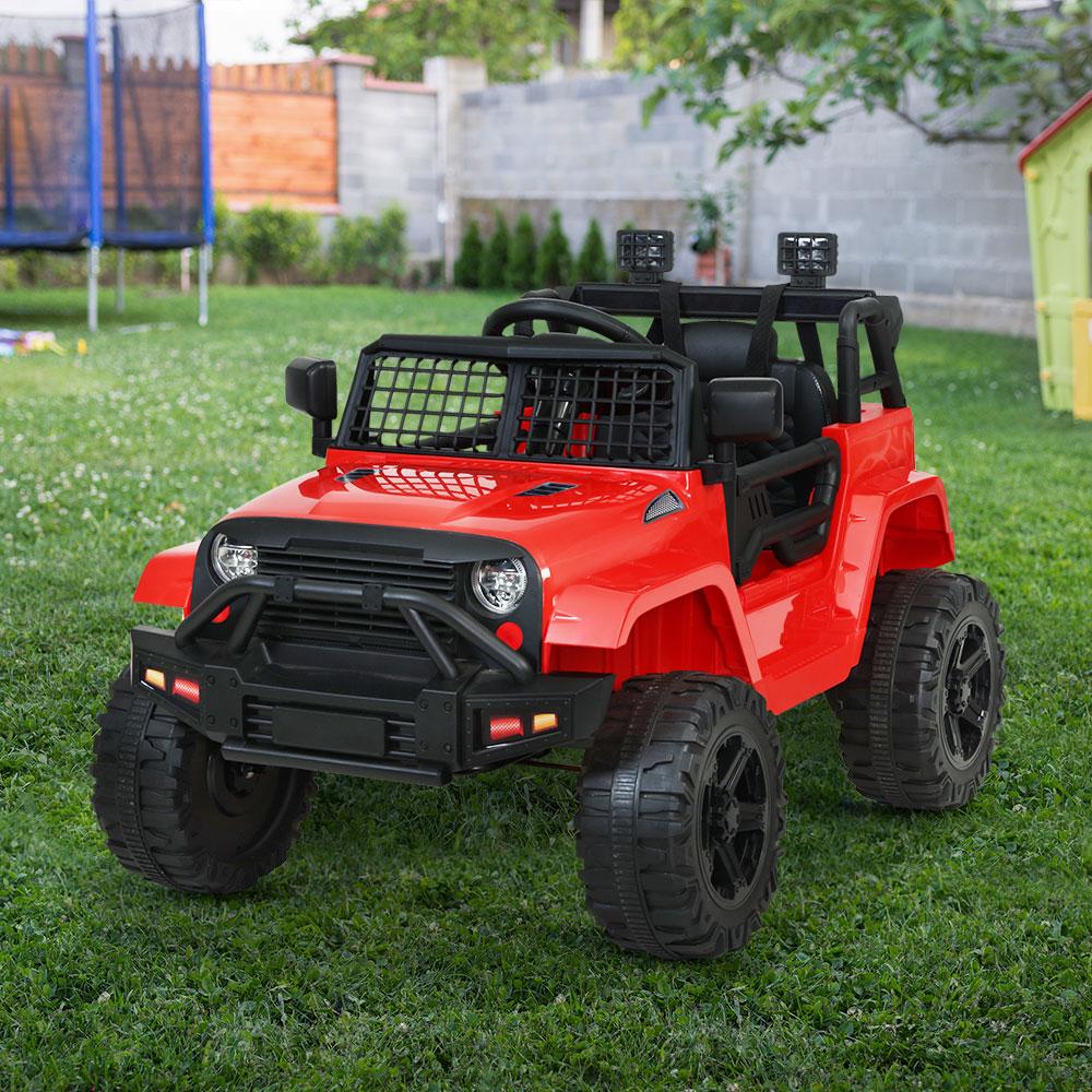 Rigo Kids Ride On Car Electric 12V Jeep in vibrant red color, featuring stylish design, working headlights, and remote control functionality.