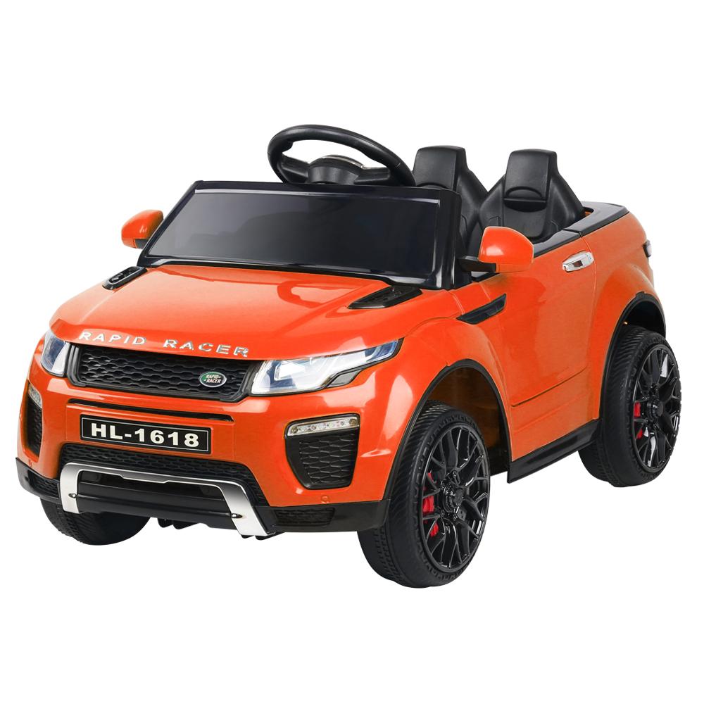 Rigo Kids Ride On Car Electric 12V in vibrant orange, featuring stylish design, working doors, and a digital dashboard for kids.