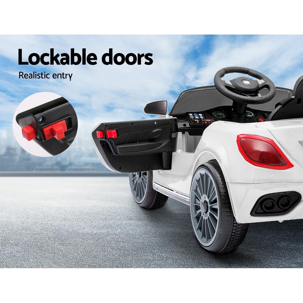 Rigo Kids Ride On Car in white, featuring sleek Maserati-inspired design, remote control, and safety features for children.