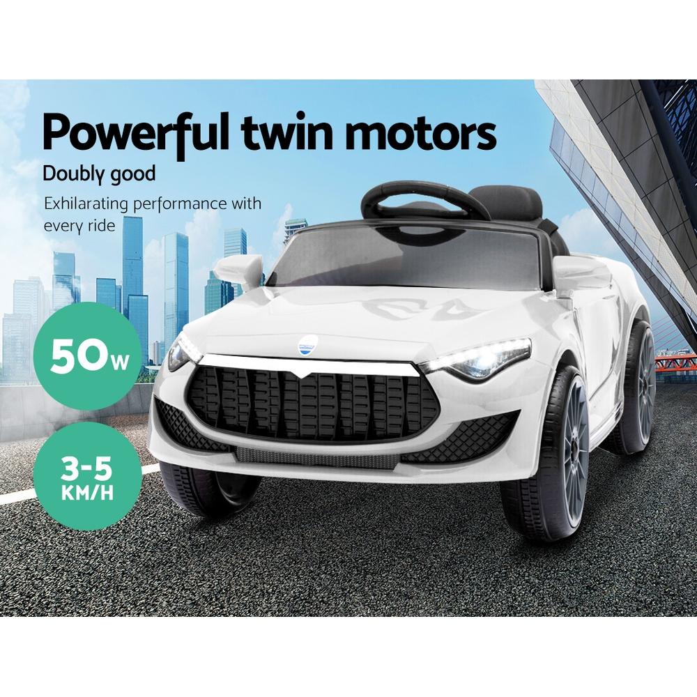 Rigo Kids Ride On Car in white, featuring sleek Maserati-inspired design, remote control, and safety features for children.