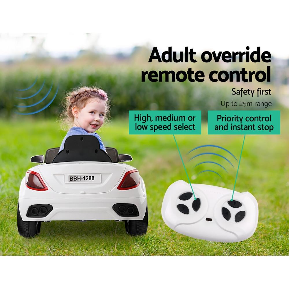 Rigo Kids Ride On Car in white, featuring sleek Maserati-inspired design, remote control, and safety features for children.