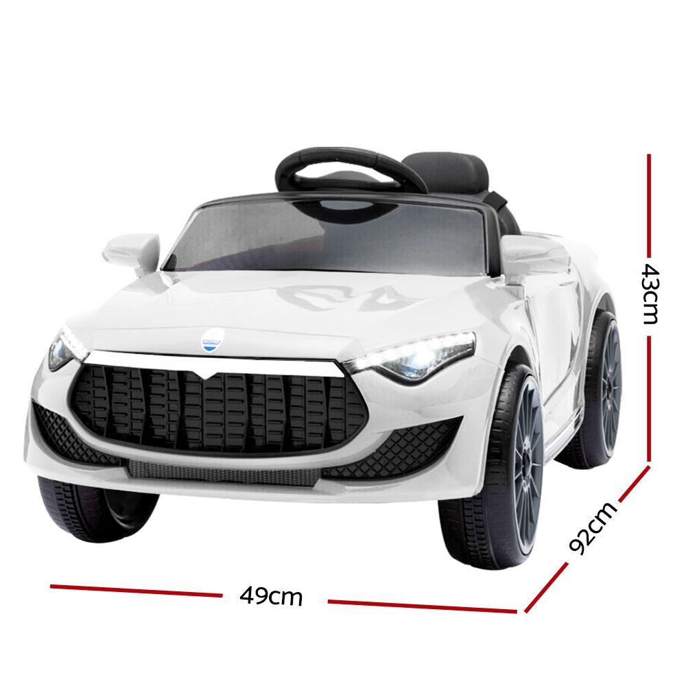 Rigo Kids Ride On Car in white, featuring sleek Maserati-inspired design, remote control, and safety features for children.